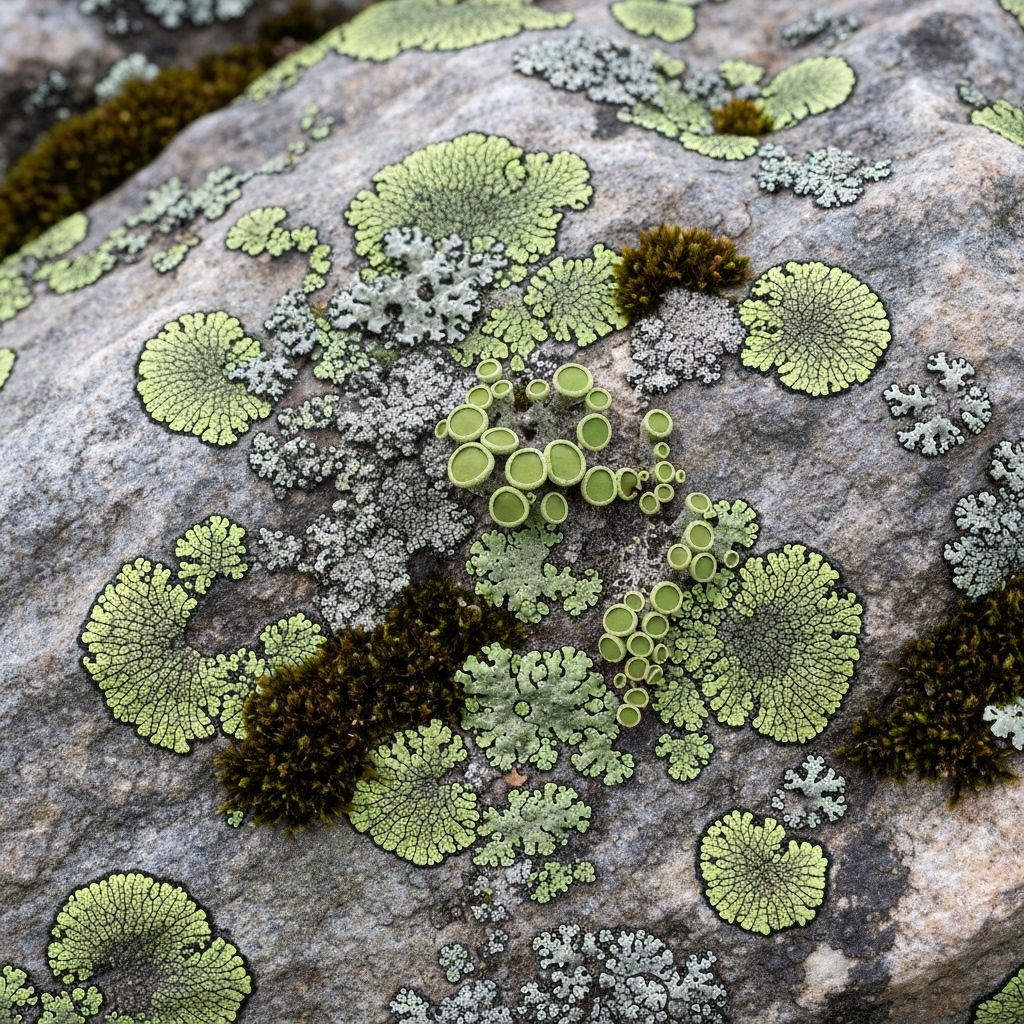 Lichen and moss on weathered stone